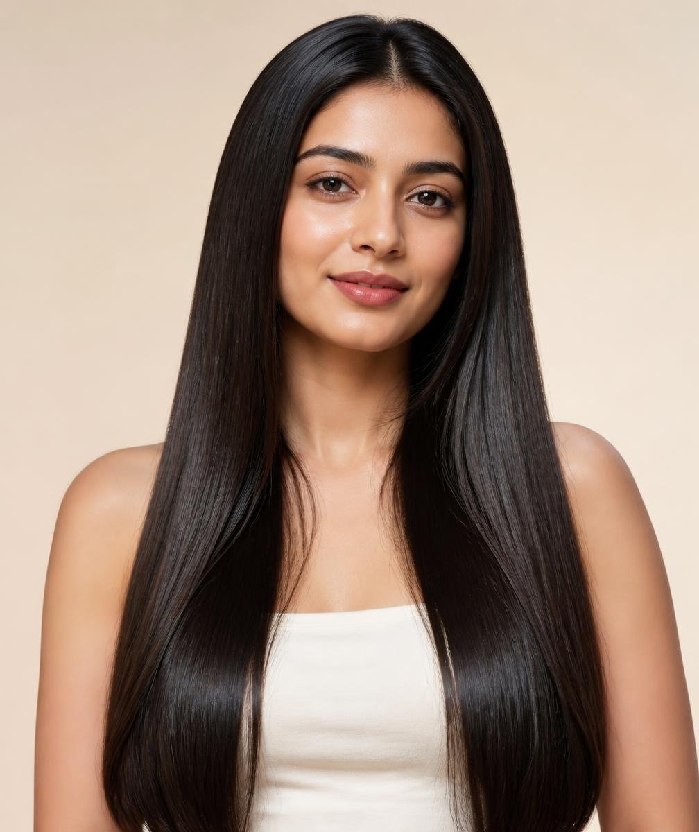 Same guest with smooth glossy keratin-treated hair after treatment