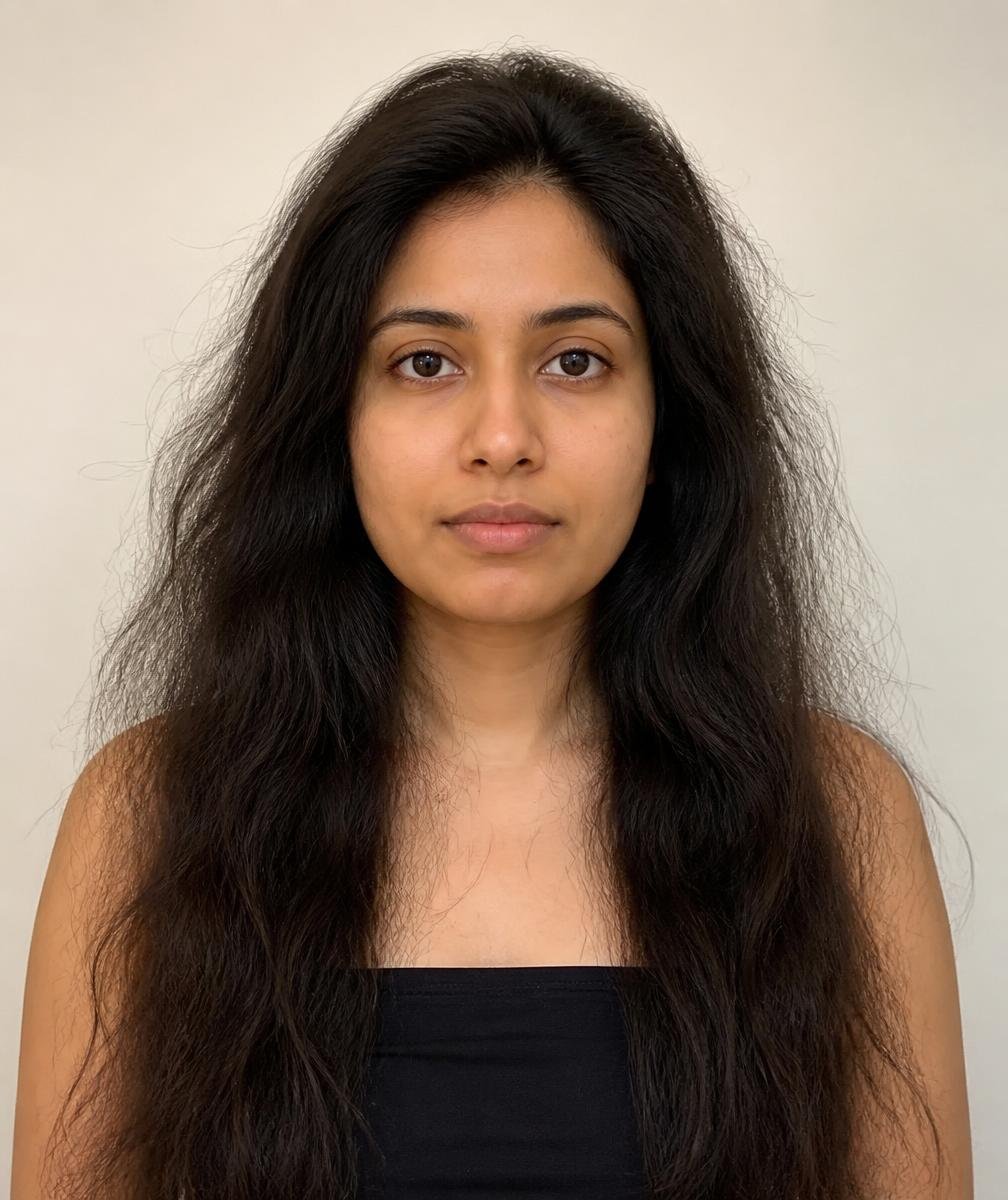 Indian woman with frizzy untreated hair before treatment