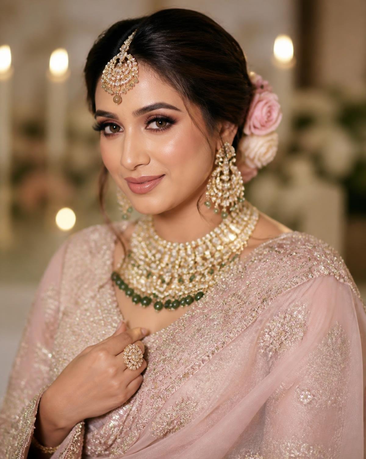 Indian bride in luxury bridal makeup and gold jewellery