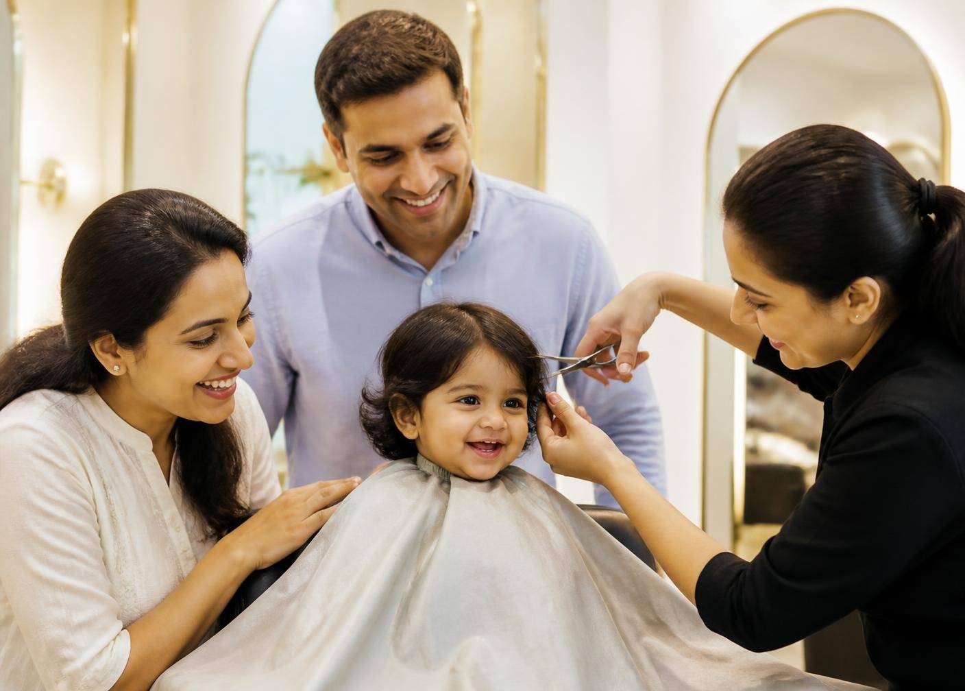 Indian family with a child getting a haircut at The Wella