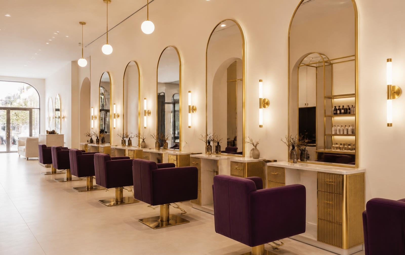 Premium unisex salon interior with plum velvet chairs and gold arched mirrors